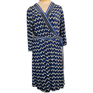 Roz Ali Woman 1X Wrap Dress Geometric Print Blue Black White Long Sleeve Midi
